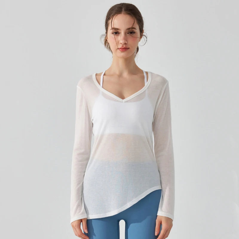 Women's Loose Running Top Long Sleeve Yoga Shirt V-Neckline Workout Blouse Sportswear Workout Clothes