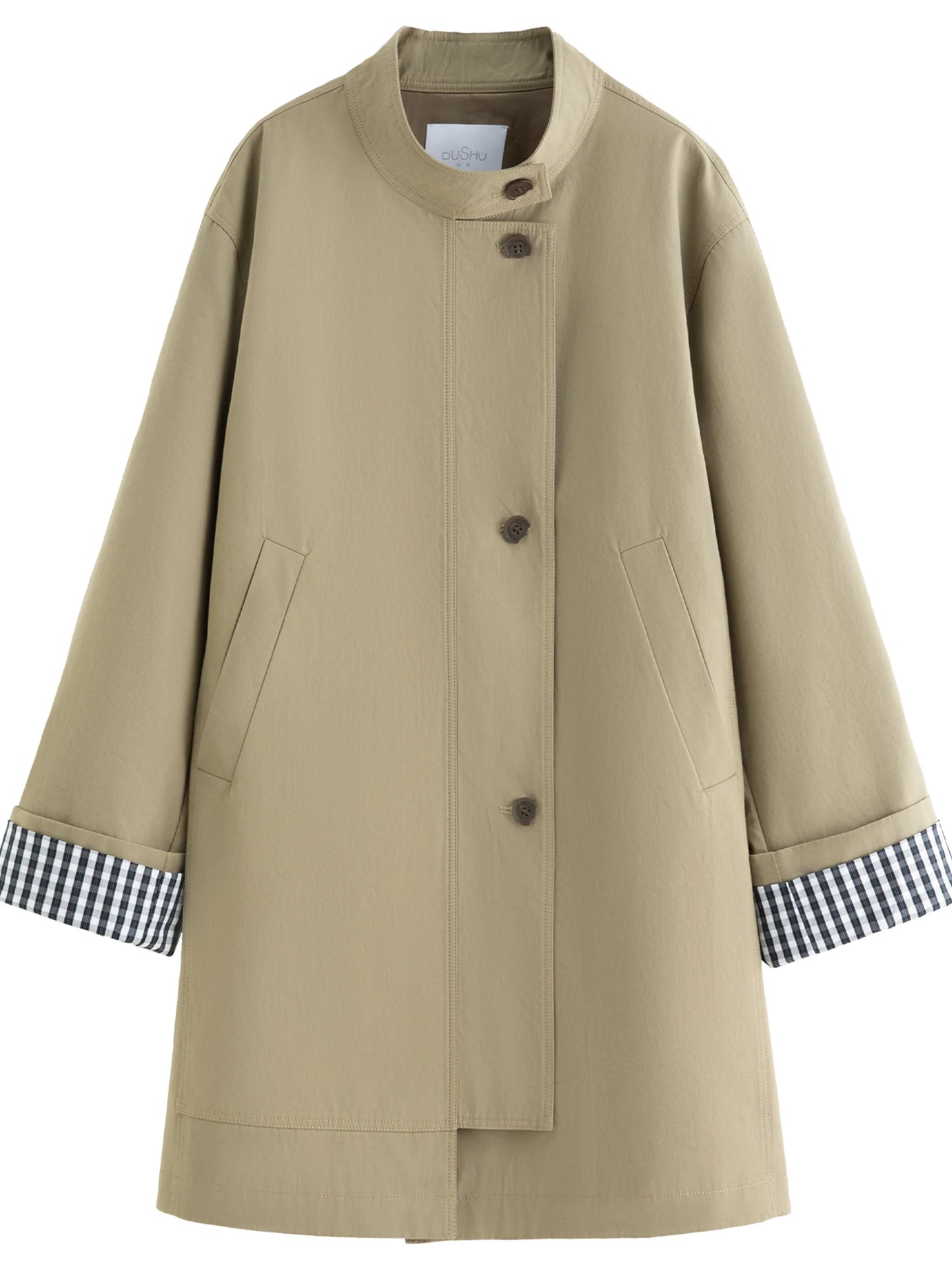 Stand Collar Trench Coat - Plaid Patchwork Relaxed Fit Windbreaker