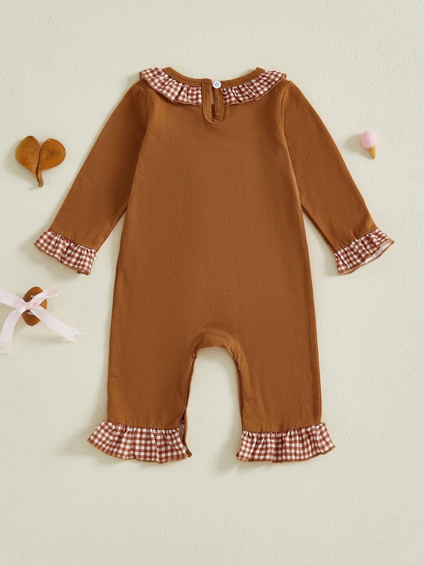 Baby Autumn Winter Romper - Plaid Print Football Embroidery Ruffled Jumpsuit (0-18M)