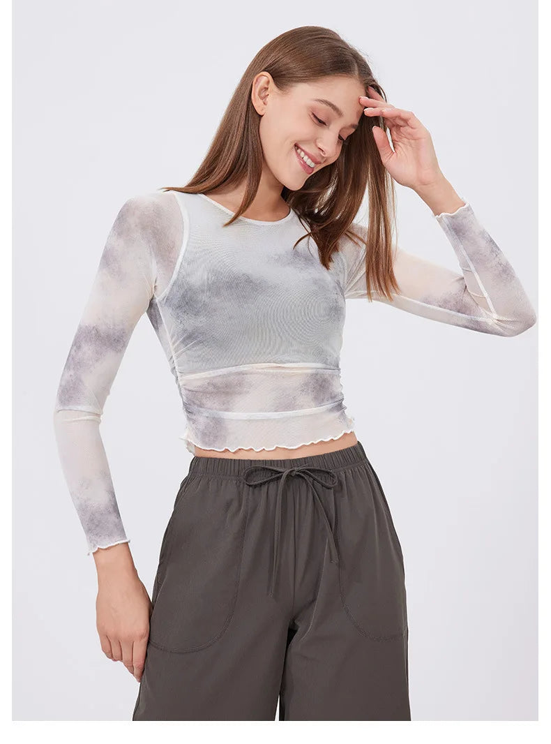 Women's Long Sleeve Yoga Shirt Women Tie-Dye 2 In 1 Gym Crop Top Slim Fit Breathable Running Top With Chest Pads Sportswear
