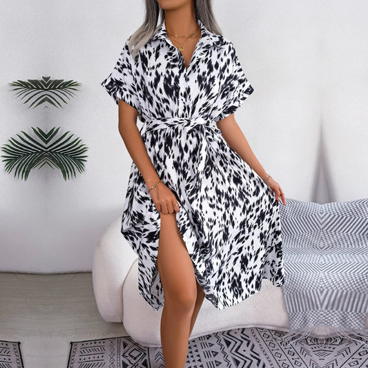 Women's Summer Casual Loose Leopard Lace Up Shirt Chic Dress