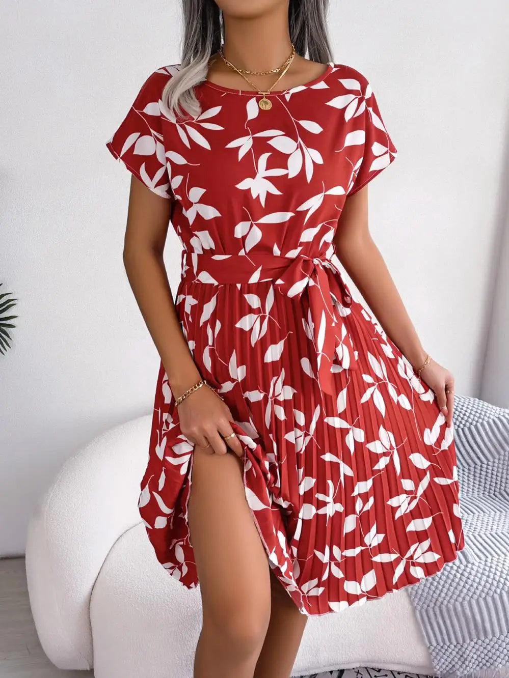 Women's Floral Pleated A Line Long Spring Summer Short Sleeve High Waist Chic Dress