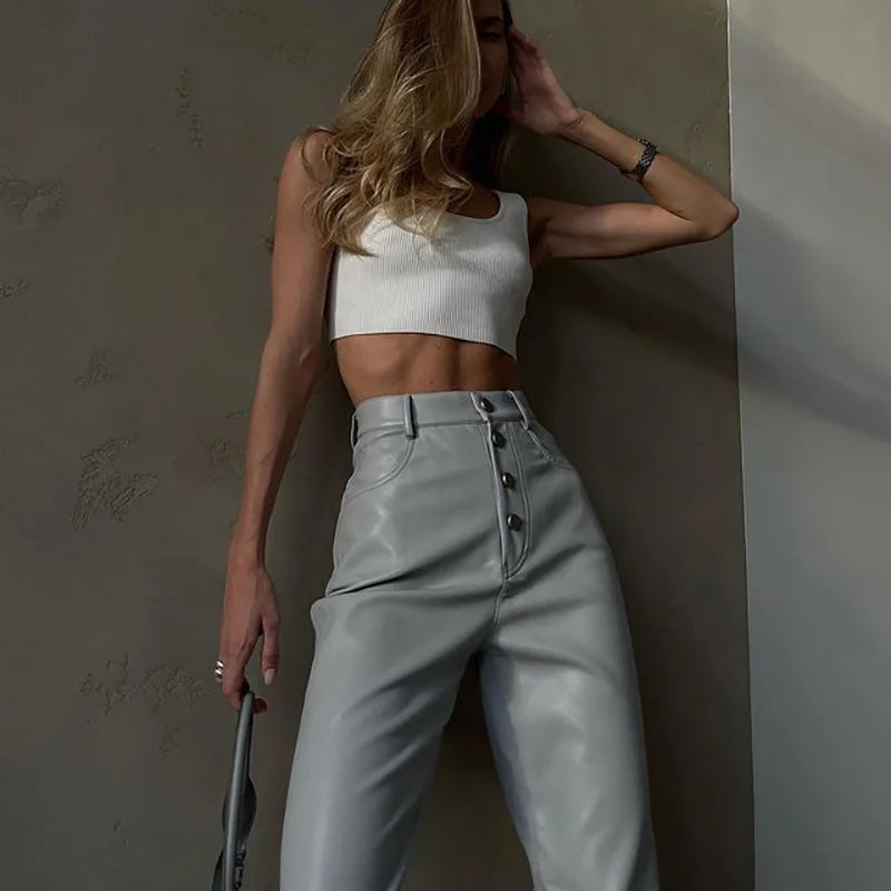 Women's PU Leather High Rise Button Up Straight Leg Trousers