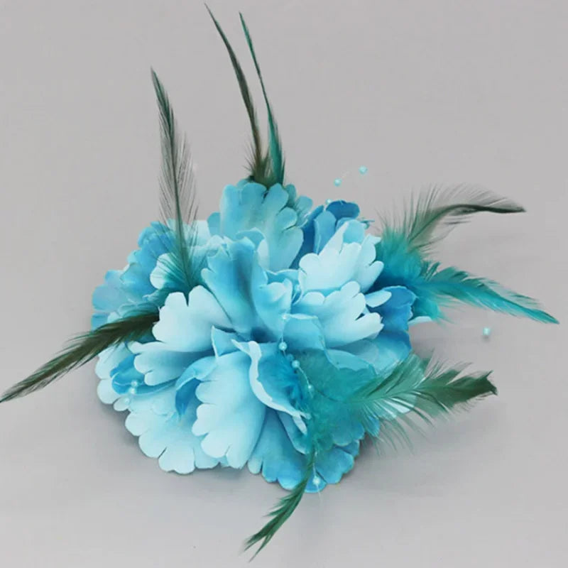 Handmade Fabric Flower Brooch - Pearl Feather Wedding Party Corsage
