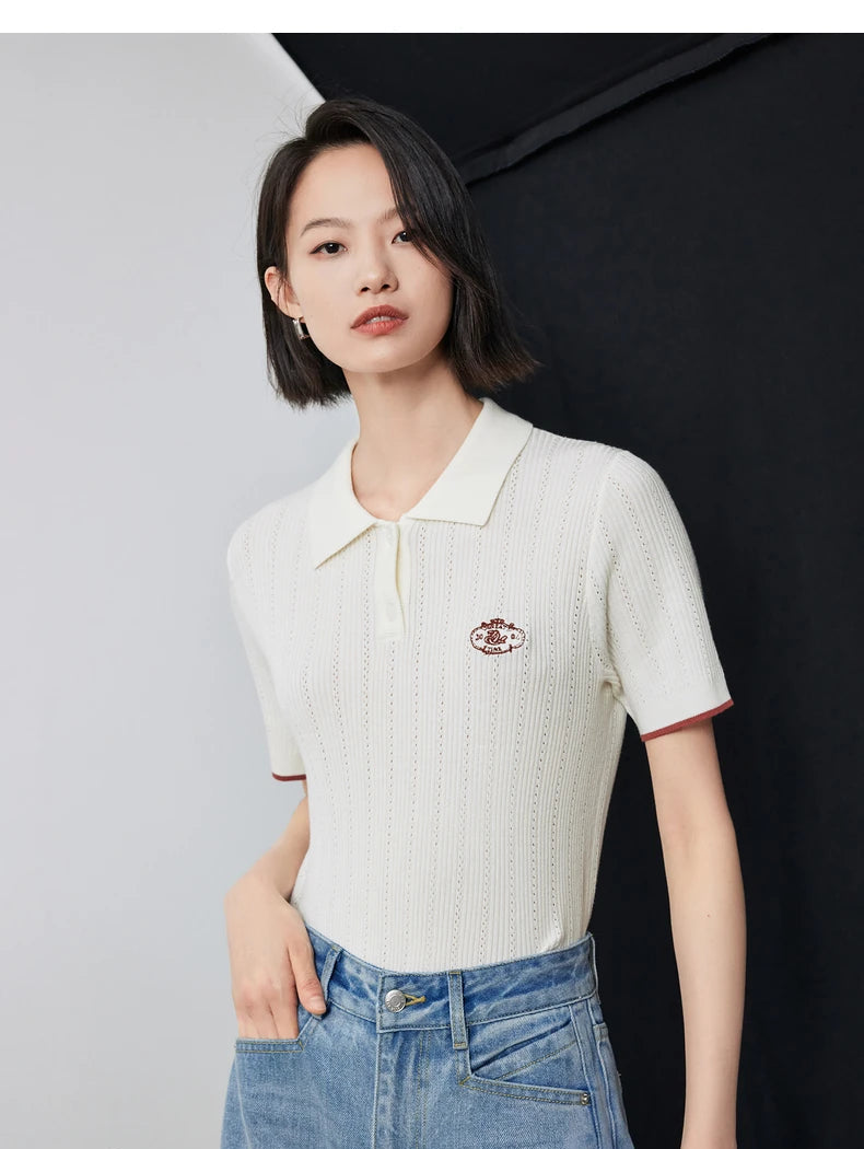 Women's Knitwear Contrast Color Hollow Out Polo Neck Short Sleeve Shirt