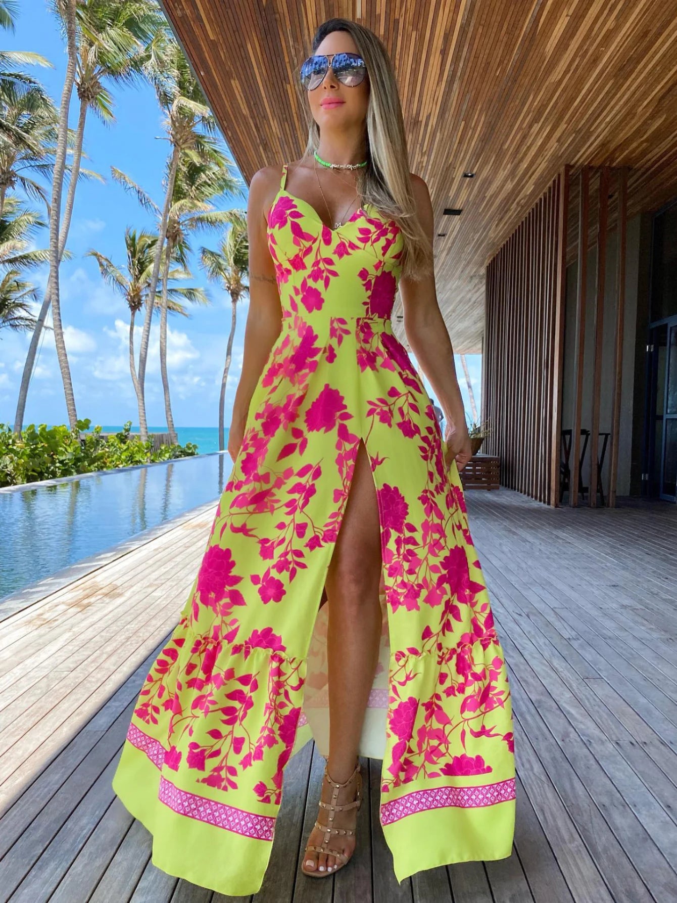 Women's Summer Print Long Lace Up Sling Party Pattern Straps Hollow Out V-Neck Beach Dress