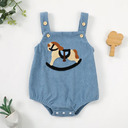 Baby Overalls Romper - Rocking Horse Embroidered Sleeveless Corduroy Bodysuit