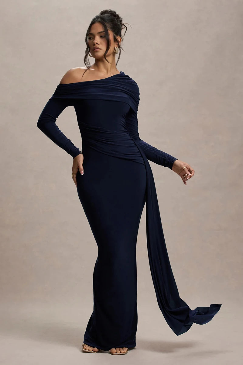 Women's Skew Collar Long Sleeve Maxi Backless Draped Ruched Bodycon Long Dress