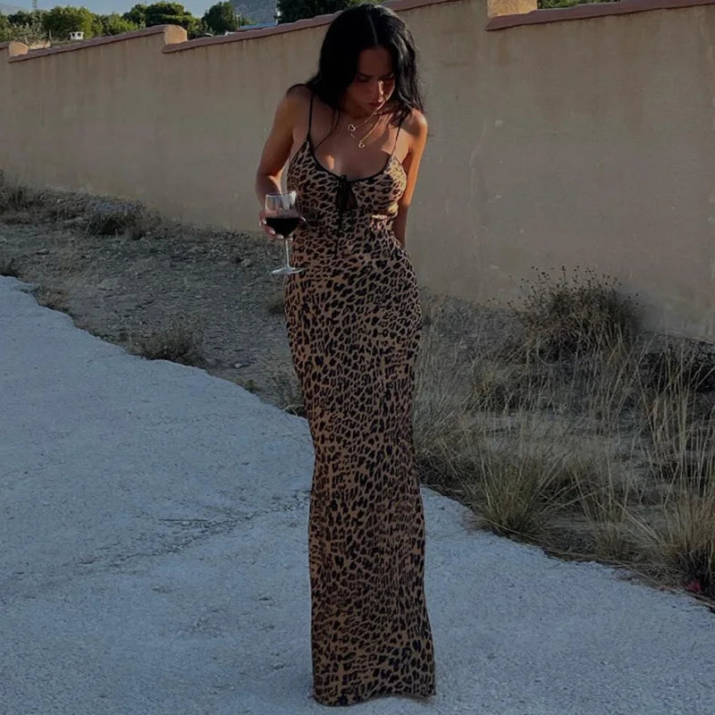 Women's Animal Leopard Print Slip Tie Front Maxi Dress - Sleeveless Backless Dress