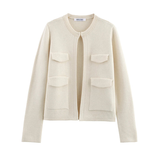 Spring Women's Pocket Decoration Round Neck Long Sleeve Casual Knitted Coat Jacket