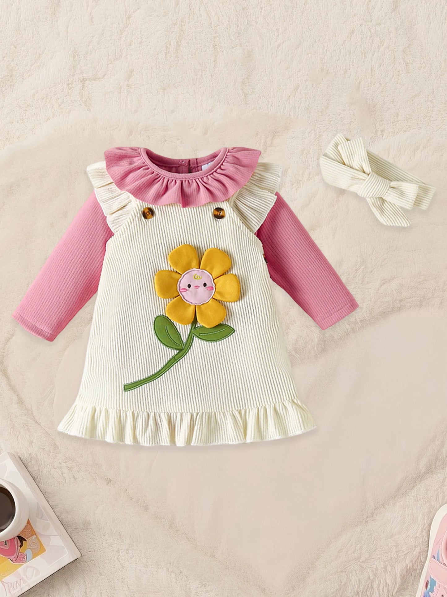 Baby Girls Sunflower Embroidery Outfit Set - Ruffled Long Sleeve Romper Dress & Bow Headband (0-18M)