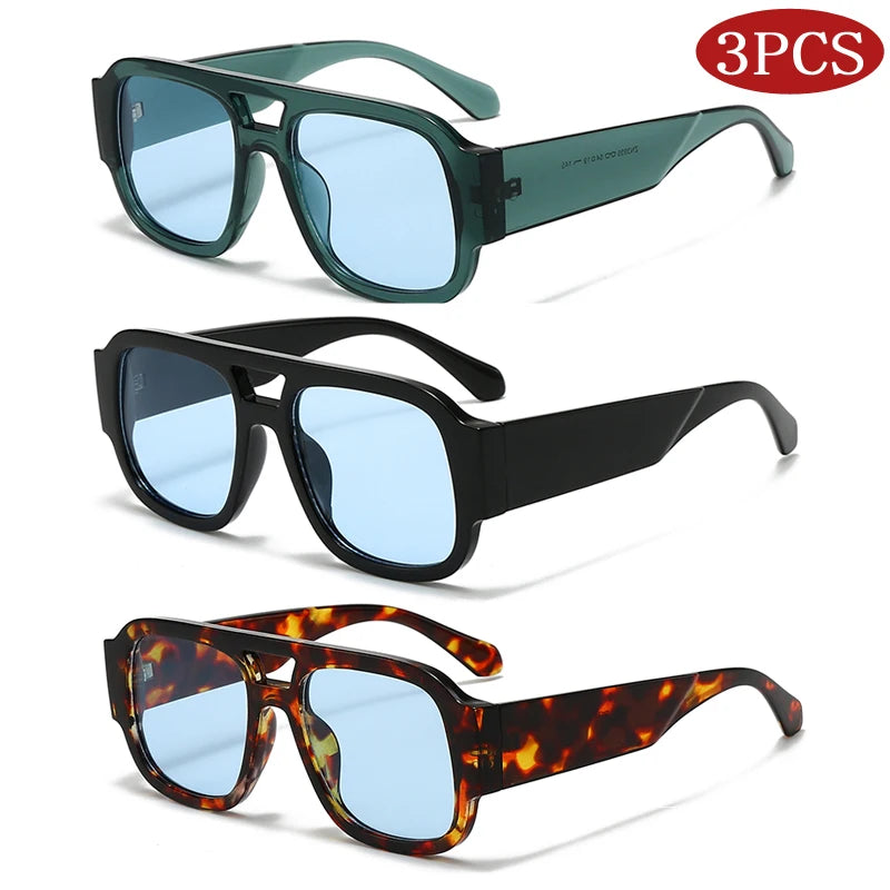 Retro Square Sunglasses - 3 Pack Large Frame Double Bridge Candy Color Eyewear