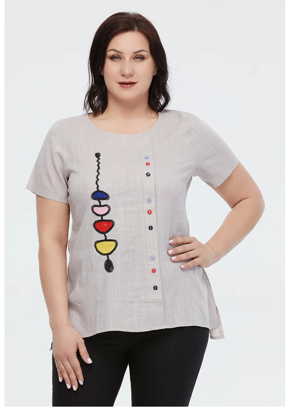 Women's Summer Cotton Linen Oversized Short Sleeve Sequins Button Top