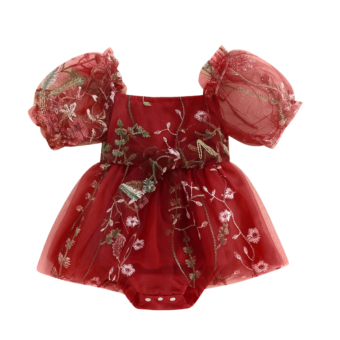 Baby Girls Princess Romper Dress - Flower Embroidery Mesh Skirt Bodysuit