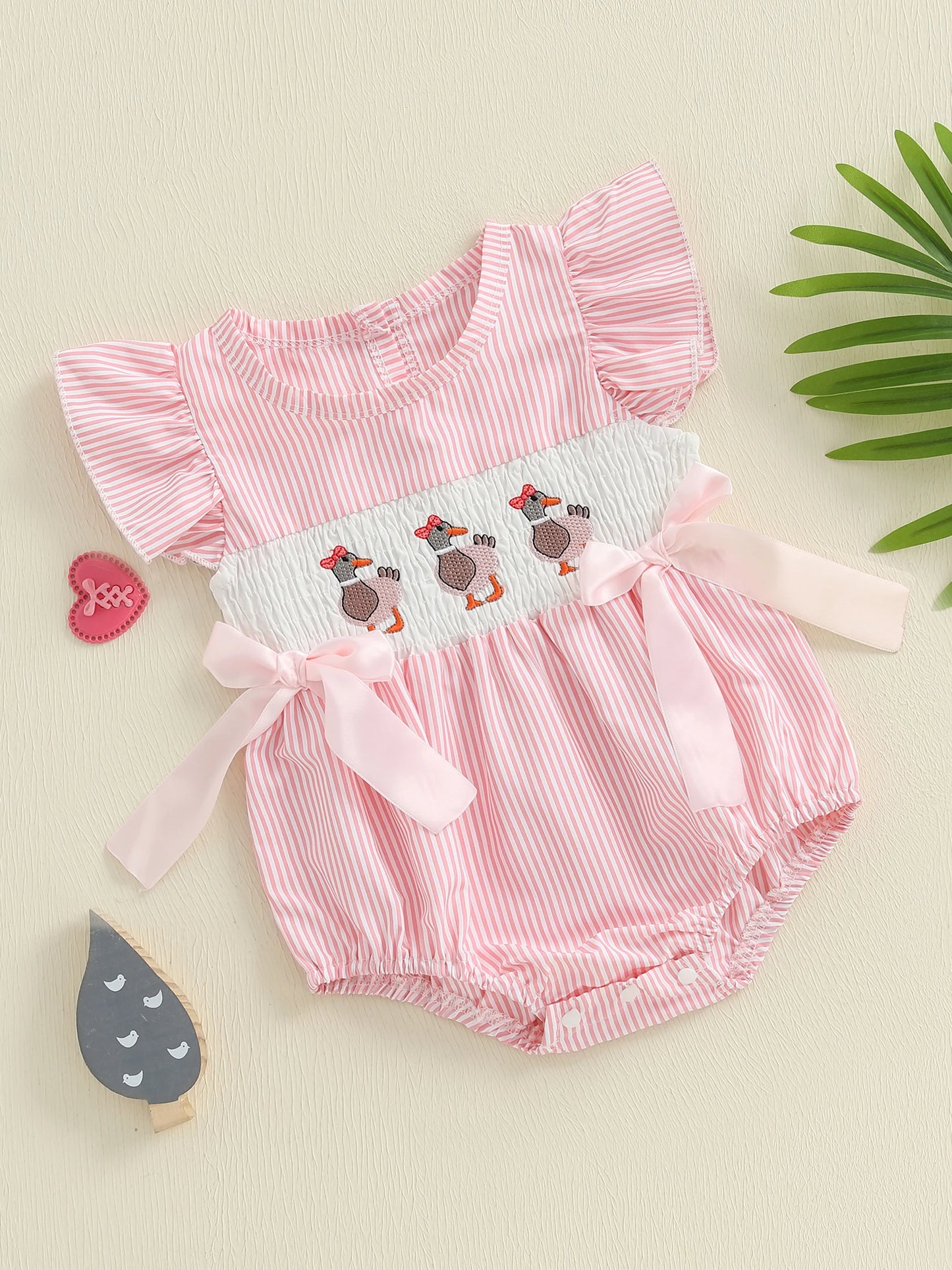 Baby Girls Striped Duck Embroidery Romper - Short Sleeve Jumpsuit with Bow (0-18M)