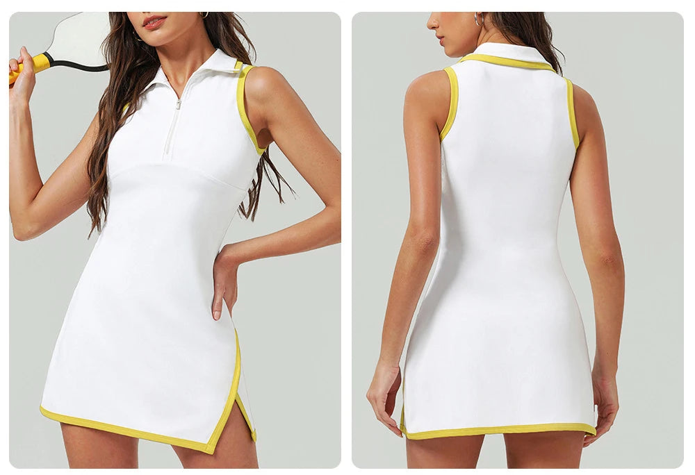 Women's Half-Zip Tennis Dress with Lapel Collar - Quick Dry Athletic Polo Dress