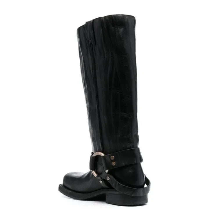 Women's Blue Cowboy Metal Ring Motorcycle Boots Belt Buckle Design 3.5cm Thick Heel Knight Boots Women's Square Head Fashion Boots 34-44