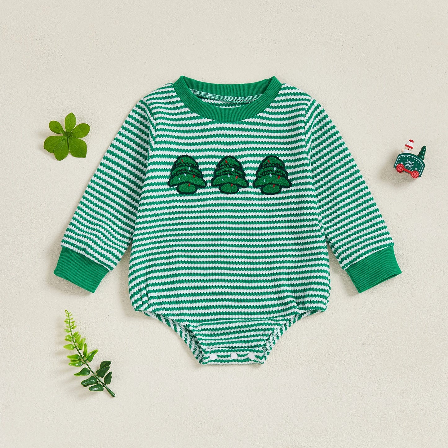 Baby Christmas Romper - Long Sleeve Stripes Print Xmas Embroidery Bodysuit