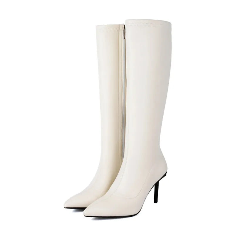 Women's Text Art High Heel Boots Elastic Leather Side Zipper Pointed Knee Boots 8cm/10cm Thin Heel Shoes