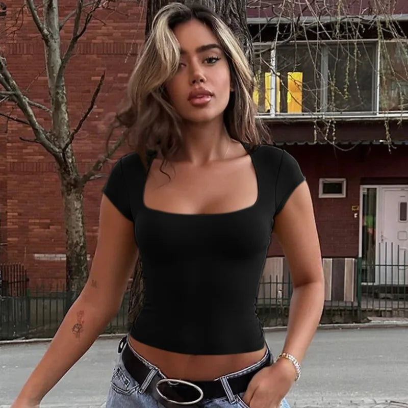 Women's Y2K Square Collar Cropped Top - Short Sleeve Slim Fit Summer Tee