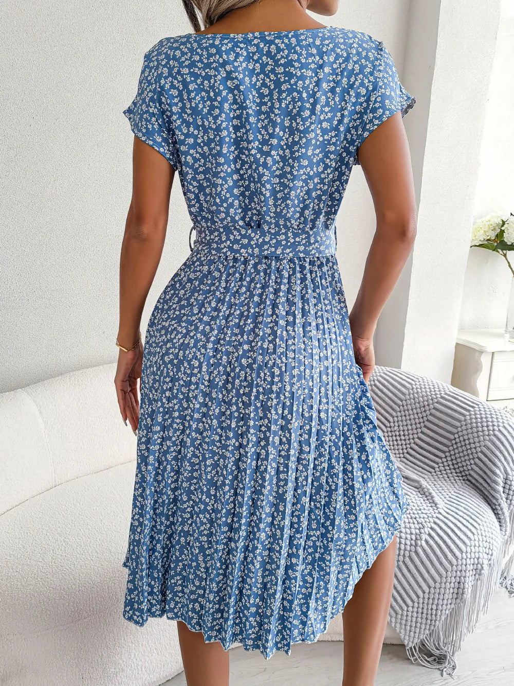 Women's Floral Pleated A Line Long Spring Summer Short Sleeve High Waist Chic Dress