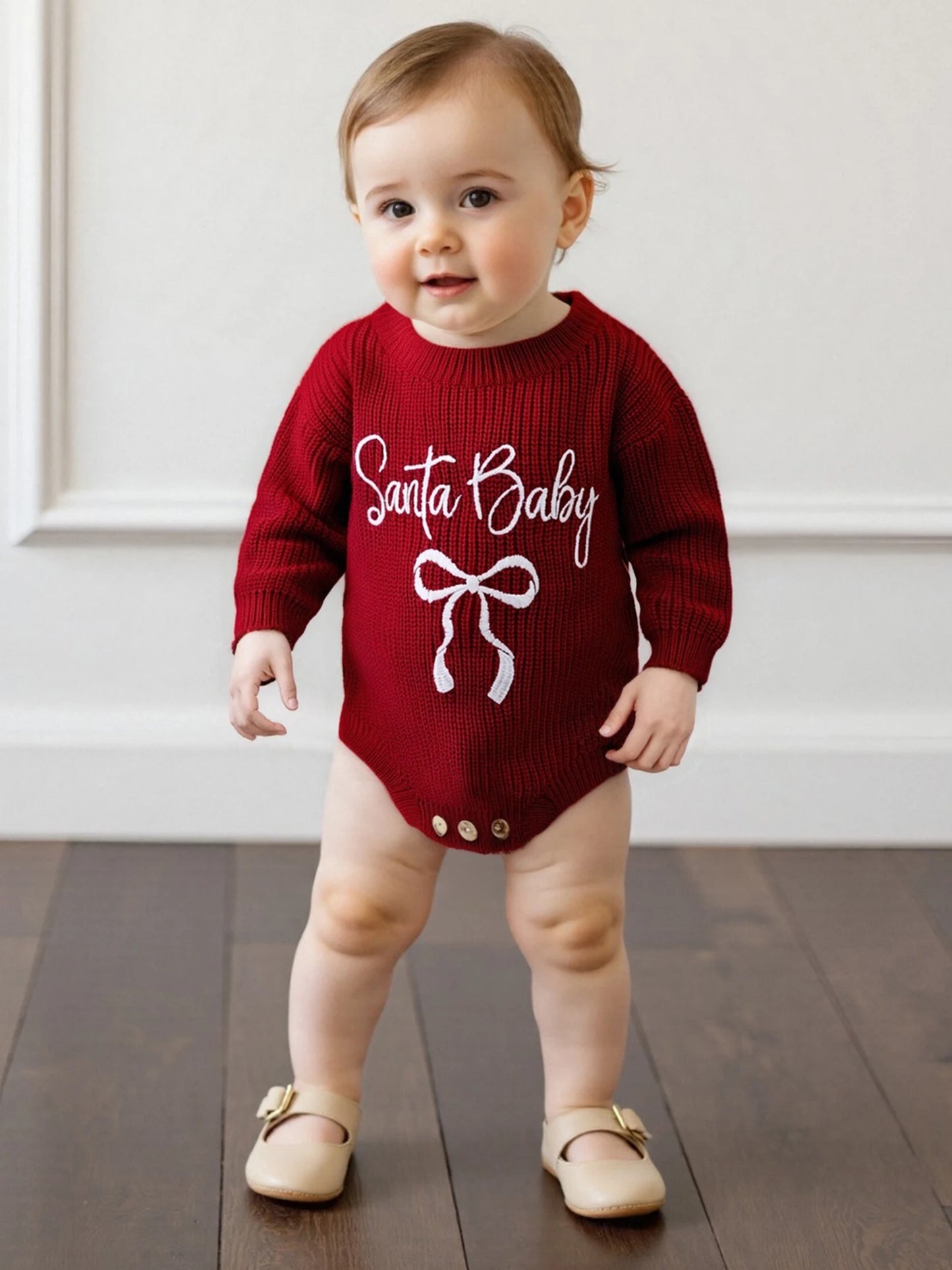 Baby Christmas Romper Sweater - Letter Bow Embroidery Ribbed Long Sleeve