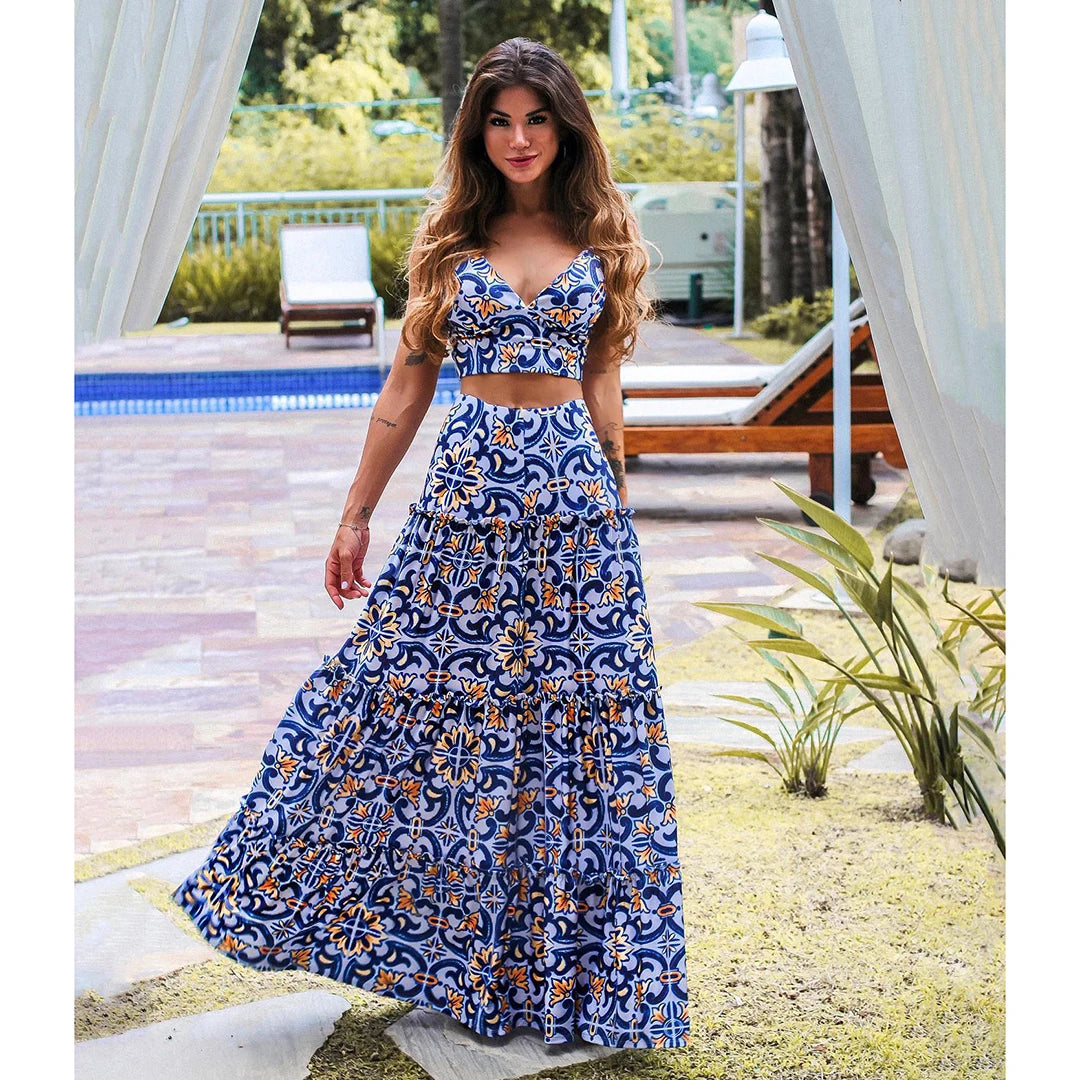 Women's Print Beach Two Piece Skirt White Bra High Waist A-line Long Skirt Beach Set