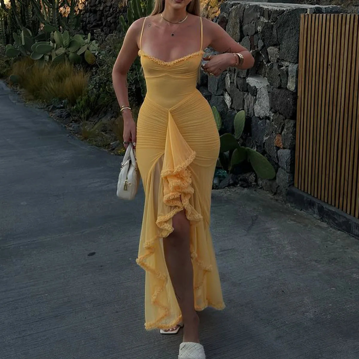 Women's Sheer Mesh Ruffled Front Gown Elegant Draped Prom Cocktail Maxi Dress Solid Fairy Ruched Slip Dress