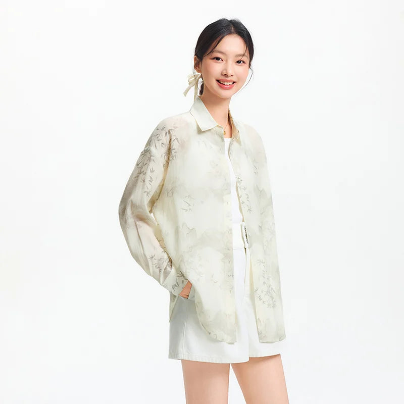 Women's Long Sleeve Oversized Shirt - Mid-Length Relaxed Fit with Artistic Ink Print