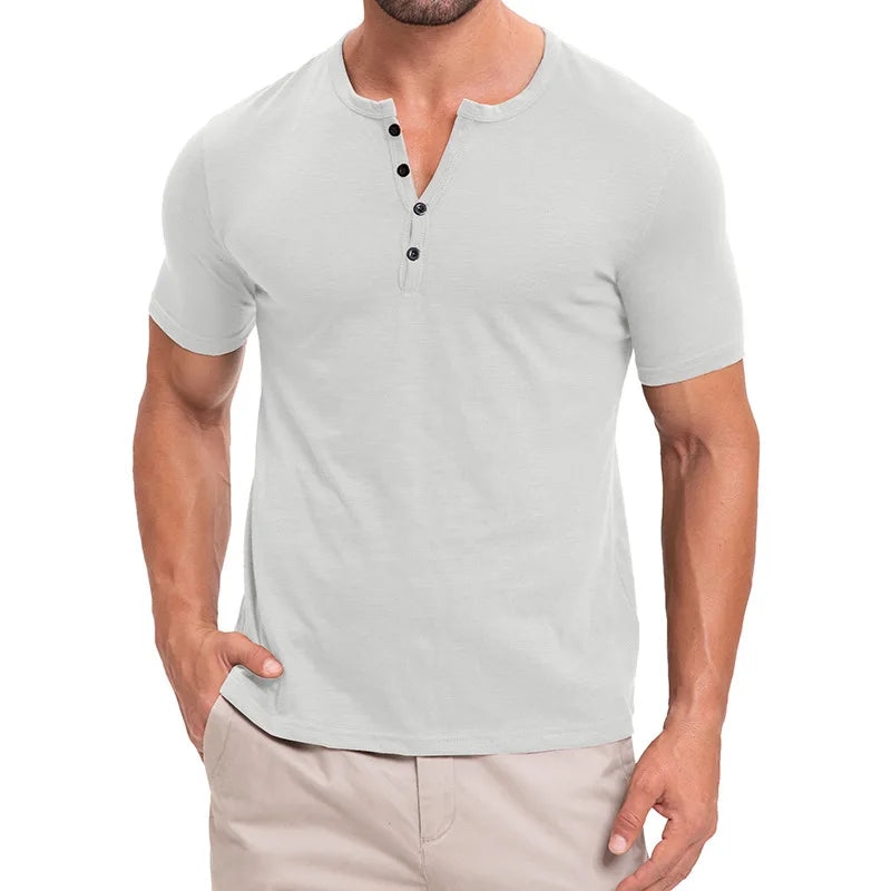 Men's Summer Henry Collar Short Sleeve Casual Pullover T-Shirt