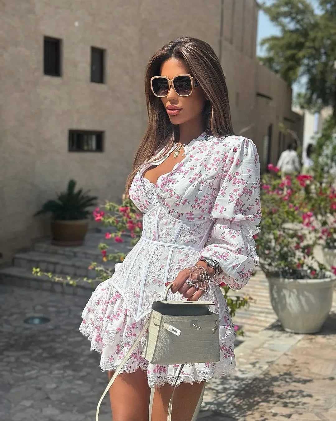 Women's V-Neck Printed Mini Lace Ruffled High Waist Long Sleeve Splice Contrast Slim Fit Bandage Dress