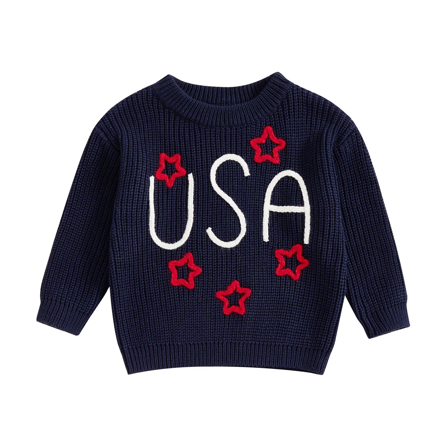 0-5Y USA Kids Boys Girls Sweater Letter Star Embroidery Long Sleeve Crew Neck Knitted Pullover Tops