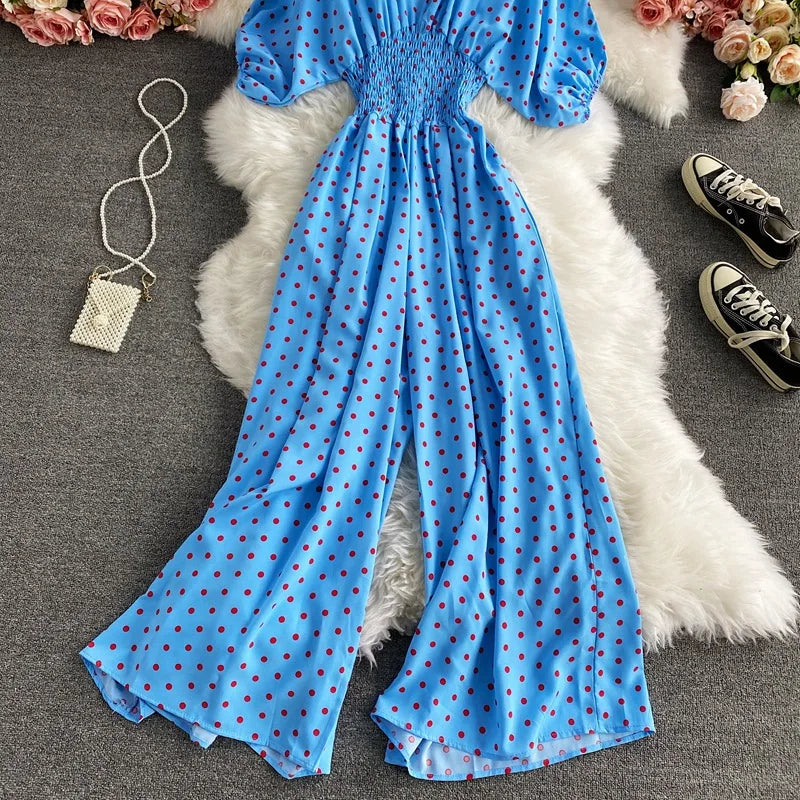 Women's V-Neck Floral Print Jumpsuit - Dolman Sleeves Wide Leg Trousers