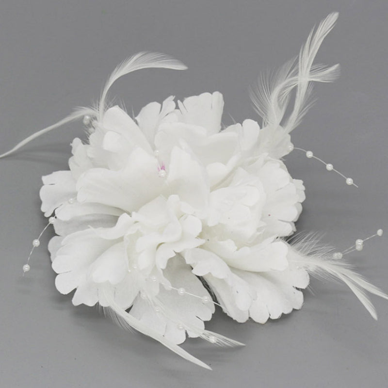 Handmade Fabric Flower Brooch - Pearl Feather Wedding Party Corsage