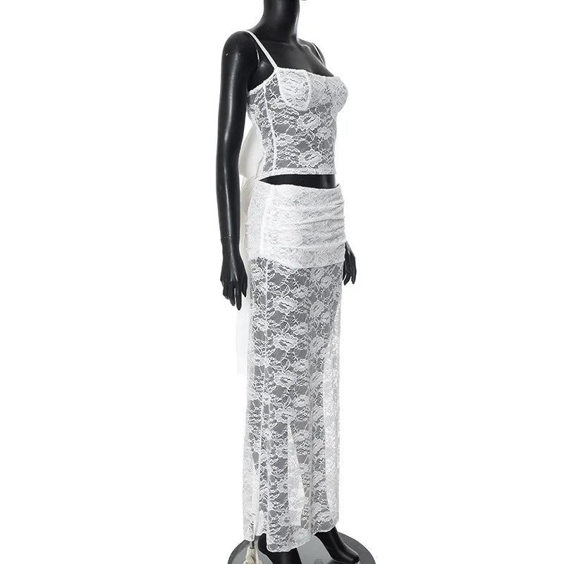 Women's Lace Trimmed Dress Set Club Outfits Lace Up Summer Backless Sheer Top and Skirt Co-ords Set
