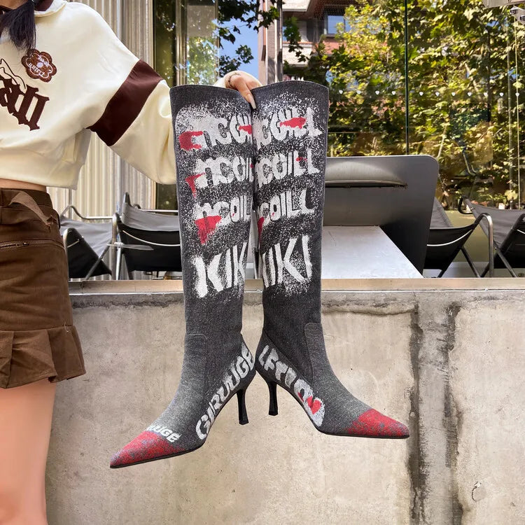 Women's 7cm Thin Heel Graffiti Folded Denim Boots