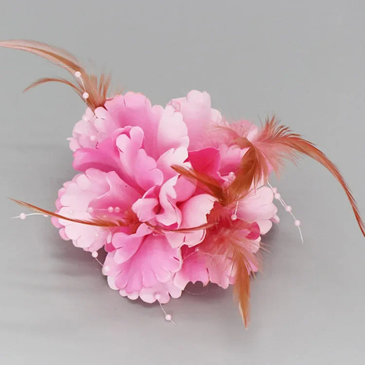 Handmade Fabric Flower Brooch - Pearl Feather Wedding Party Corsage