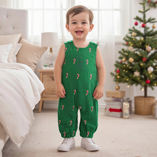 Newborn Baby Boys Christmas Romper - Sleeveless Round Neck Candy Cane Embroidery Jumpsuit