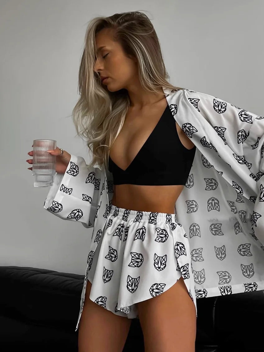 Women's Casual Print Pyjamas Lace-Up Long Sleeve Robes Shorts Sleepwear Set