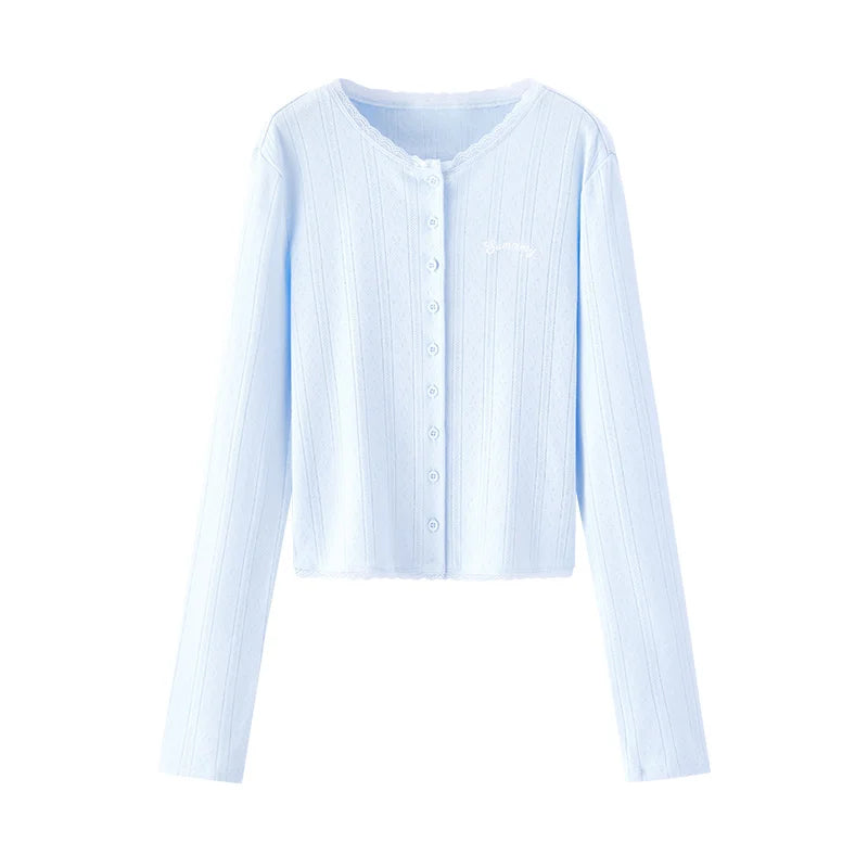 Women's Cropped Slim Fit Cardigan - Cotton Jacquard Embroidered Lace Trim