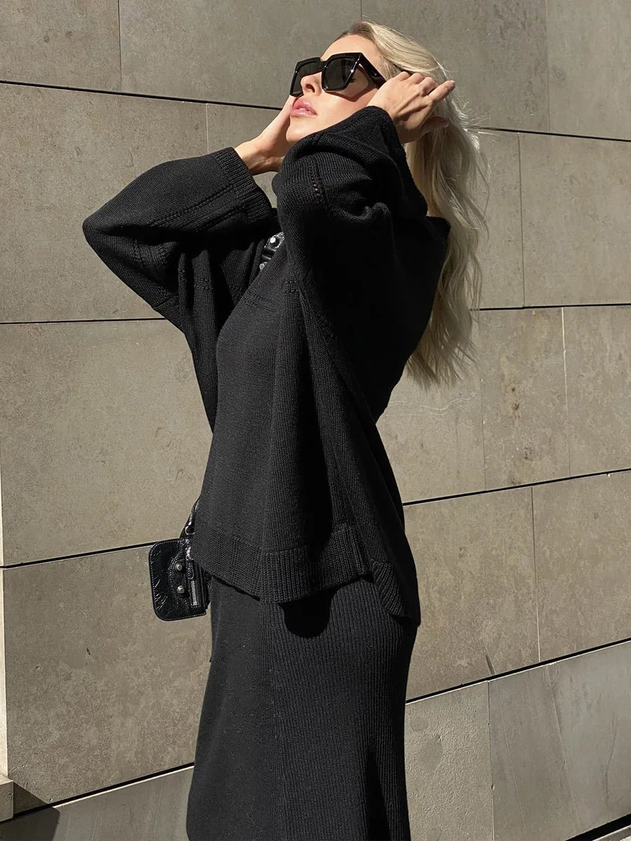 Women's Loose Sweater V-Neck Knit Pullover Top and Long High Waist Skirt 2 Piece Set