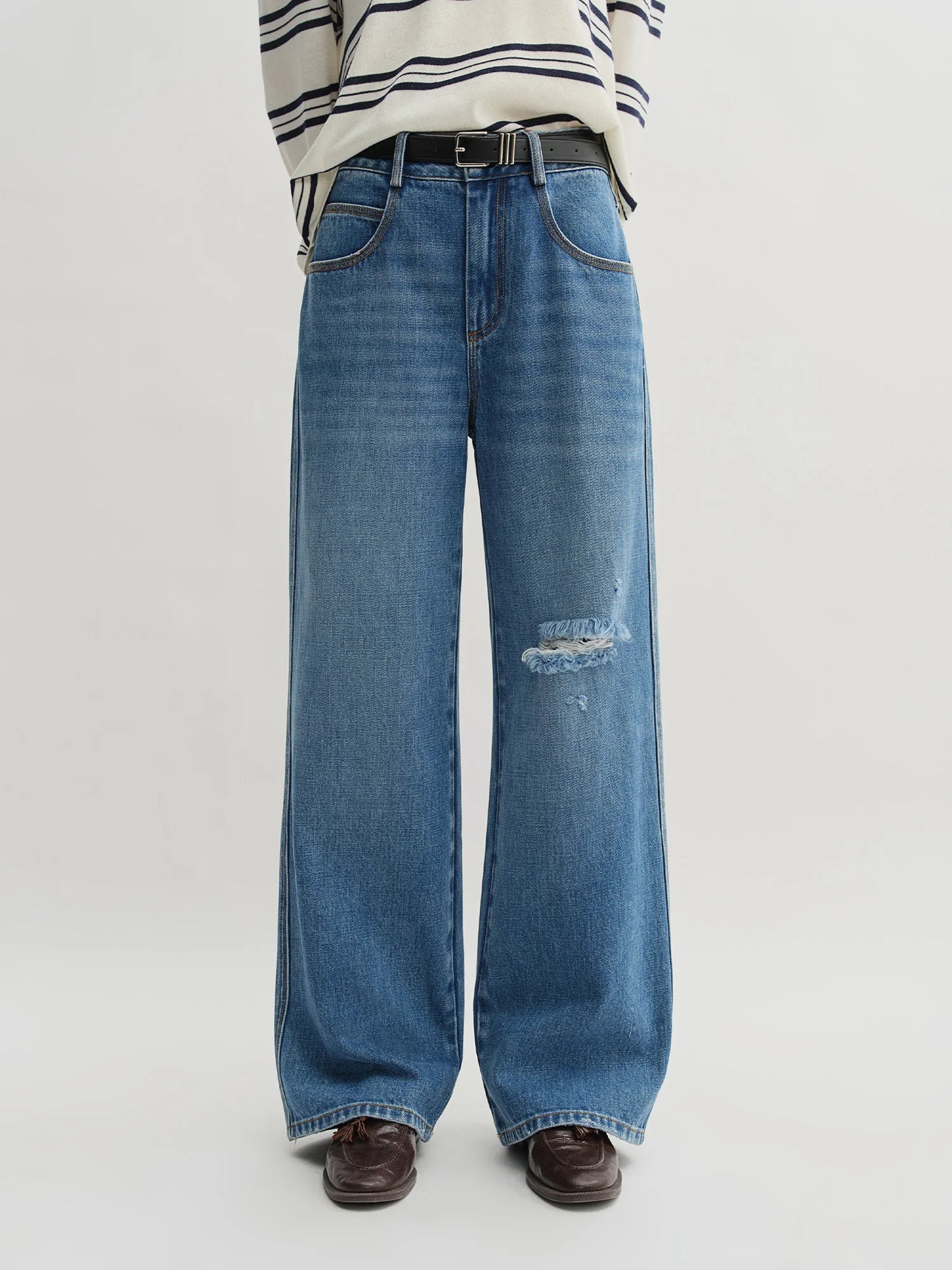 Women's High Waist Ripped Jeans - Straight Leg Non-Stretch Casual Denim Trousers