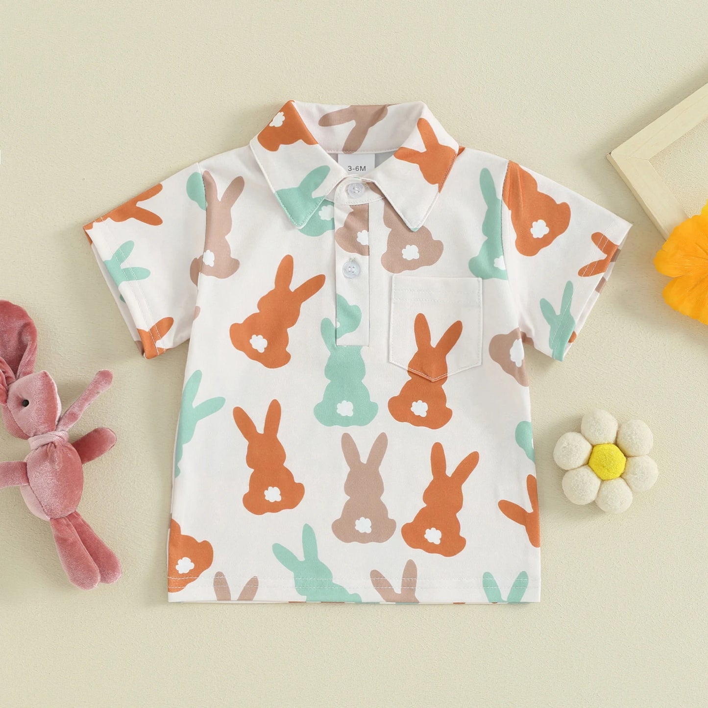1-6Y Summer Kids Boys Easter T-shirt Short Sleeve Bunny Clover Print Single Breasted Shirt