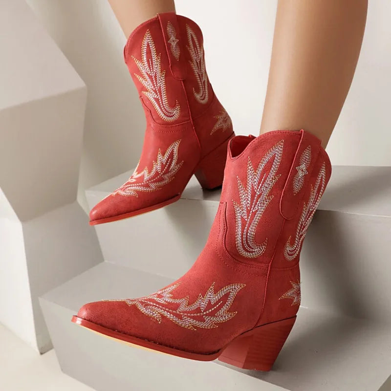 Women's Leather Embroidered Ankle Cowboy Boots