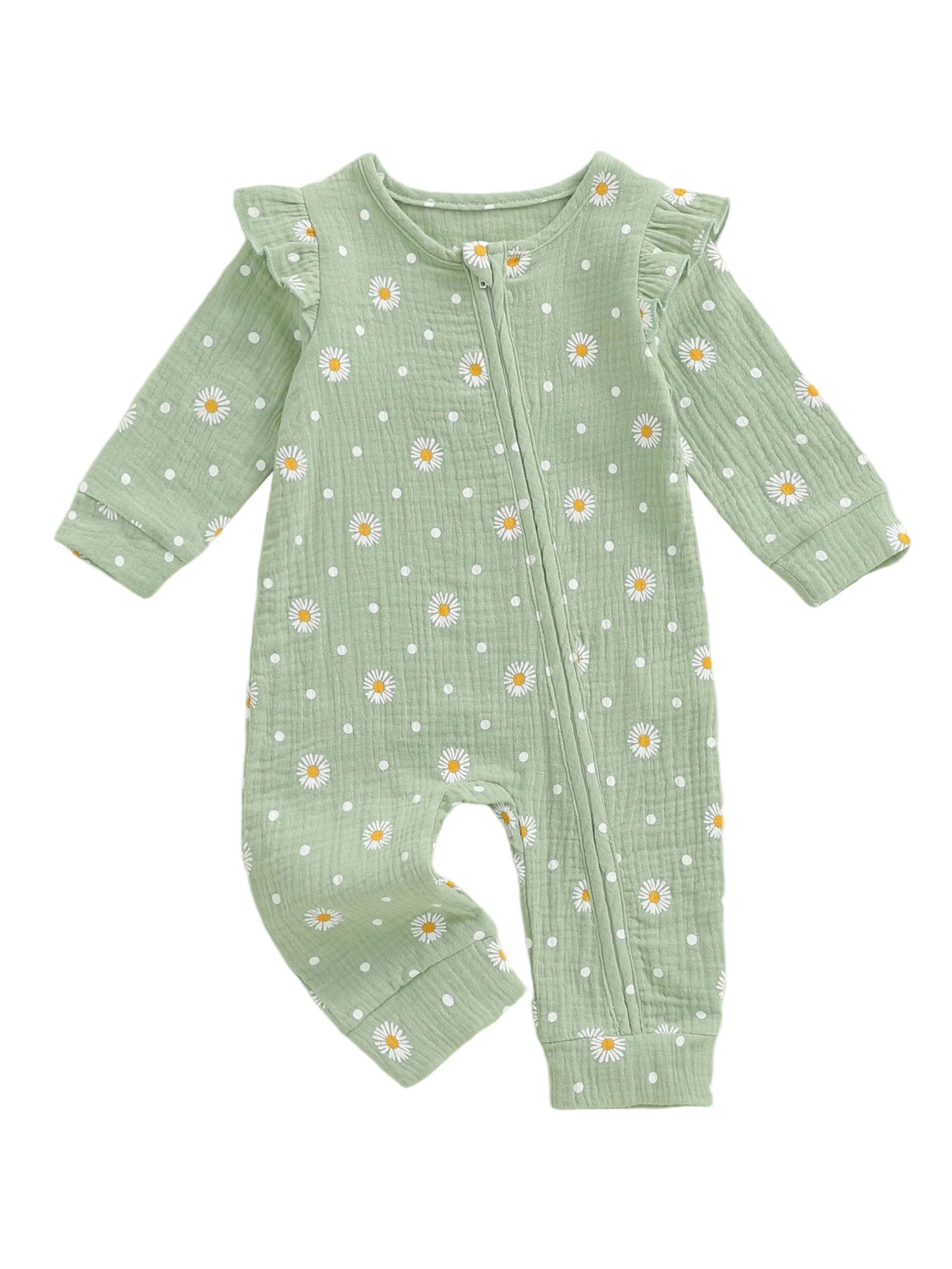 Baby Girls Fall Jumpsuit - Long Sleeve Flower Print Zipper Romper (0-18M)