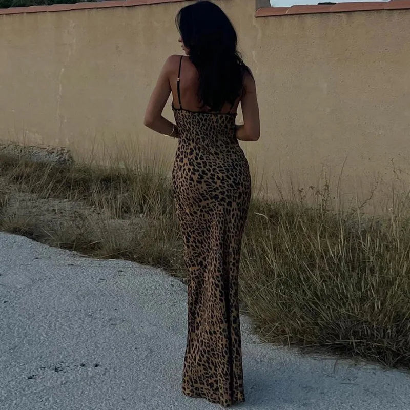 Women's Animal Leopard Print Slip Tie Front Maxi Dress - Sleeveless Backless Dress