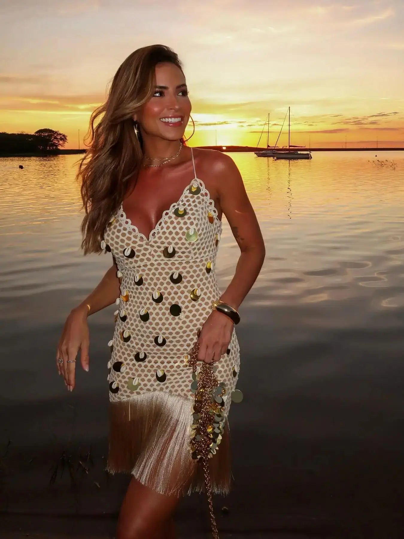 Women's Tassel Detail Mini Dress - Deep V Sleeveless Party Dress with Zipper