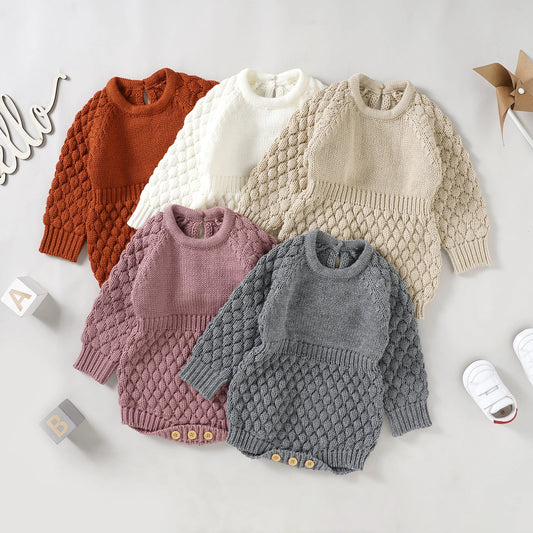 Baby Sweater Romper - Solid Knitted Long Sleeve Warm Jumpsuit