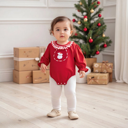 Baby Girls Christmas Santa Claus Embroidered Romper (0-18M)