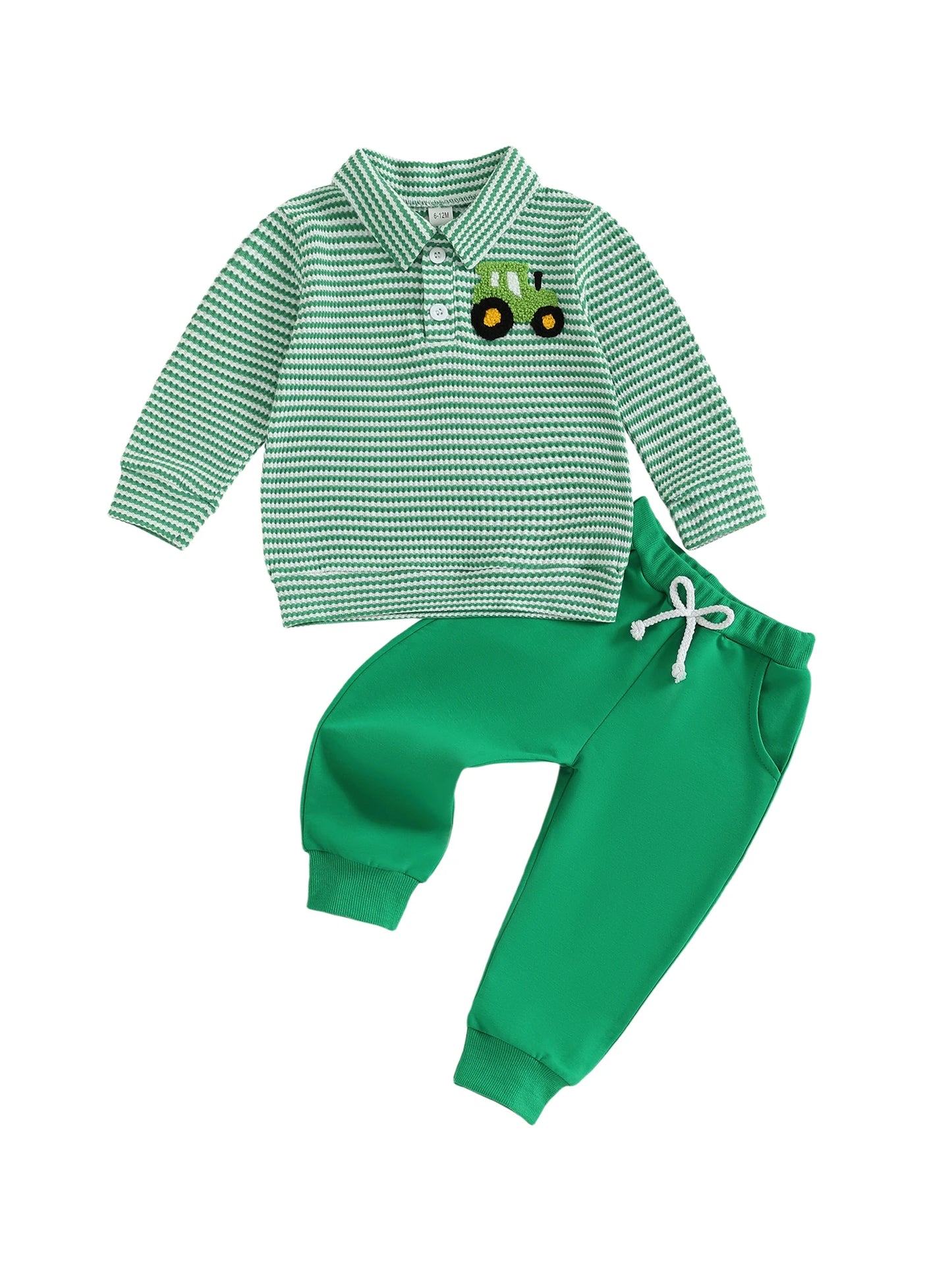 Infant Baby Boys Fall Winter Clothes Set - Long Sleeve Truck Embroidery Striped Top & Elastic Waist Pants
